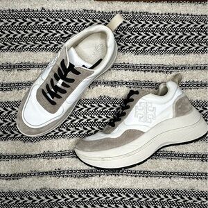 Tory Burch White and Taupe Platform Sneakers